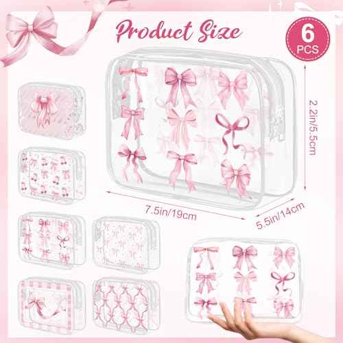 6Pcs Pink Bow Clear Makeup Bag PVC Coquette Cosmetic Bags Transparent Plastic Pouch with Zipper Waterproof Travel Toiletry Bags Pink Trendy Pouch Bag Gift for Birthday Party Favor Mother Nurse Girls