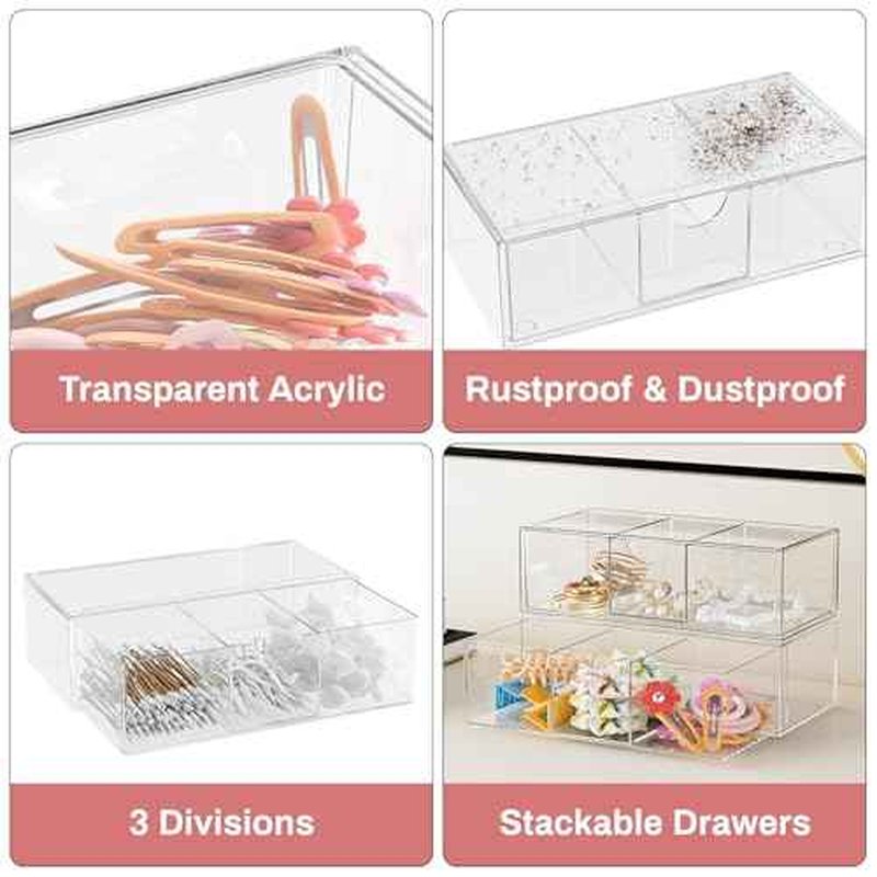 Hair Accessories Organizer for Girls, Clear Acrylic Hair Bow Tie Clip Scrunchie Holder with Removable Divider, Cute Small Stackable Storage Drawer Container Caddy Box for Bathroom Vanity Countertop