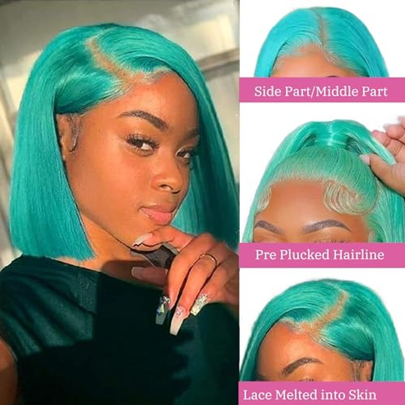 Ubetta Lake Blue Bob Wig Human Hair Lace Front Wigs 13x4 Glueless Lace Front Bob Wigs Human Hair Pre Plucked 8 Inch Colored Teal Blue Bob Wig for Black Women 180% Density