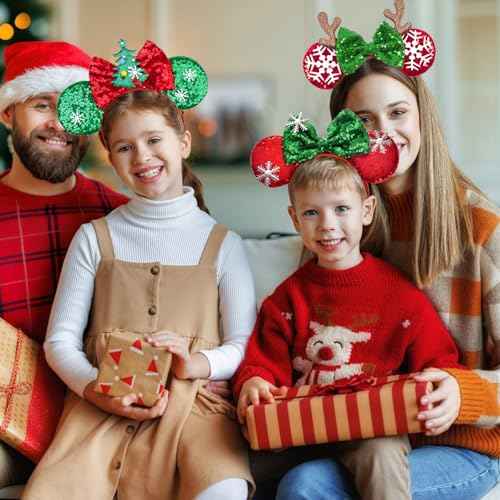 Christmas Headband Mouse Ears Bow Headbands,Sequin Snowflakes Christmas Tree Elk Headbands Hair Accessories for Christmas Cosplay Party Favors(4 PCS)