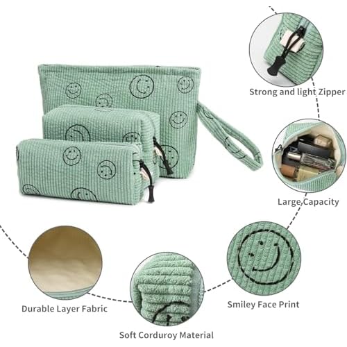 Small Cosmetic Bag set for Women Corduroy Makeup Bag with Interior Pocketes Cute Corduroy Makeup Pouches Women Small Toiletry Bag (Green Smile)