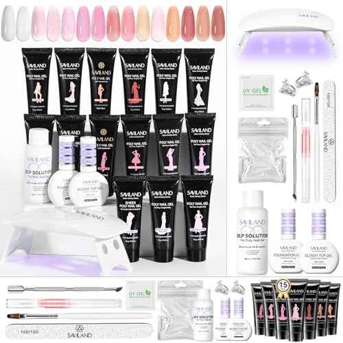SAVILAND Poly Extension Gel Nail Kit: 15 Colors Poly Gel kit for 4 Weeks Lasting, Natural-Looking Poly Gel Clear White Pink Nude with Slip Solution U V Lamp Suitable for All Seasons Starter Art DIY