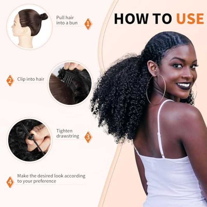 Afro Kinky Curly Ponytail Human Hair 150% Density Brazilian Virgin Hair 4C Afro Puff Drawstring Ponytail Extension for Black Women Natural Color 16 Inch