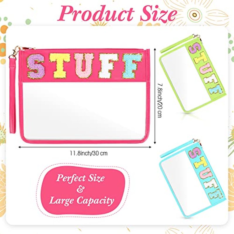 Nuanchu 9 Pcs Clear Chenille Letter Bag Stuff Pouch PVC Waterproof Preppy Cosmetic Makeup Bag Snack Travel Beach Pouch with Wrist Let for Teen Women Gifts Operation Christmas Thanksgiving Gifts Items