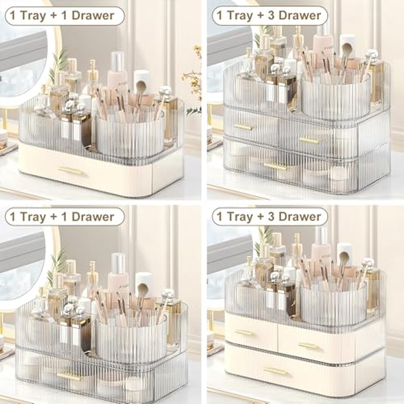 DASITON Makeup Organizer with Drawers and Rotating Makeup Brush Holder,Large Capacity Stackable Cosmetic Organizer Countertop,Bathroom Organizers and Storage,Make up Organizers for Vanity (Clear 02)
