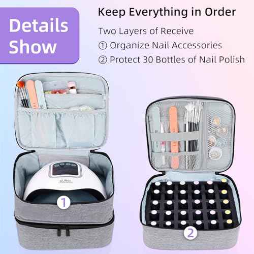 Nail Polish Organizer Holds 30 Bottles (15ml - 0.5 fl.oz) Double-layer Gel Nail Polish Kit Carrying Case, Nail Holder for Nail Lamp, Portable Nail Organizer and Storage for Nail Supplies (Gray)