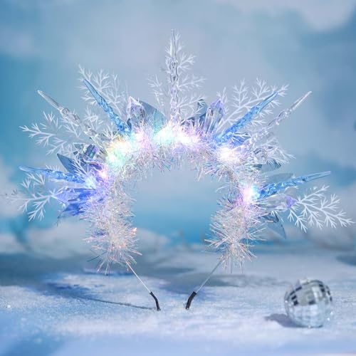 Woeoe Christmas Light up Headband LED Snowflake Hair Hoop Icicle Sparkly Glowing Xmas Headpiece Holiday Party Costume Hair Band for Women and Girls