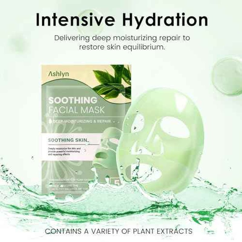 Ashlyn Green Tea Soothing Collagen Face Mask - Overnight Hydrating Sheet Mask with Hyaluronic Acid & Collagen for Sensitive Skin, Deep Moisture Calming Relief for Glass Skin, 35g, 5ea