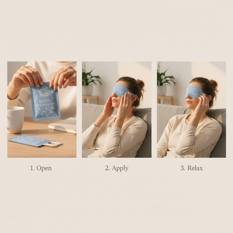 Arcadia Health Self-Heating Mask – 30 Single-Use Warm Compresses for Dryness, Puffiness & Migraine Relief – Soothing Steam Mask for Relaxation, Sleep Support & Under-Eye Care
