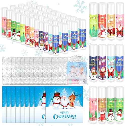 144 Pcs Christmas Gift 48 Merry Christmas Lip Balms Set Xmas Party Favors Thanks Gift for Coworker Friend Women Bulk Xmas Tree Snowman Santa Lip Balm with 48 Organza Bags and Tags