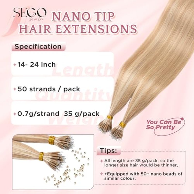 SEGO Nano Tip Hair Extensions Human Hair, Nano Beads Balayage Seamless Highlight Pre-bonded Extensions for Women, 0.7g/strand, 50 strands 35g/pack -20 Inch#18RP613R Ash Blonde&Bleach Blonde
