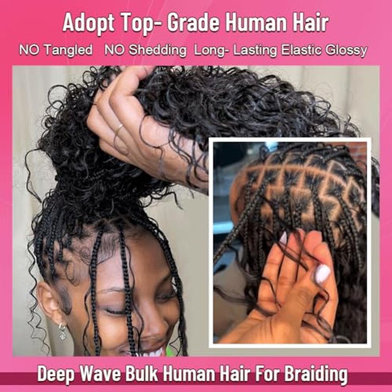 Human Braiding Hair for Boho Braids Bohemian Deep Wave Bulk 100% Human Hair for Braiding Wet and Wavy Human Hair for Boho Knotless Braids No Weft 2 Bundles 100g Hair Extensions Natural Color