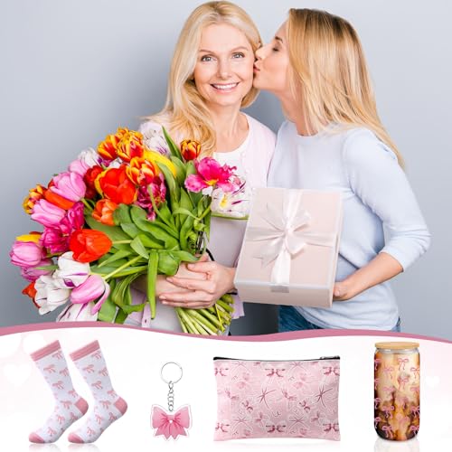 Boao 5 Pcs Pink Bow Gift Set with Glass Cup, Socks, Cosmetic Bag Keychain Coquette Stuff Thank You Gift Box for Girls Women
