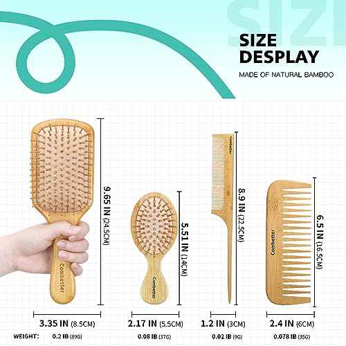 100% Bamboo Hair Brushes and Comb Set by Combetter, Comb for Women and Detangling, Great on All Hair, Eco-Friendly and Handmade for Women Men and Kids