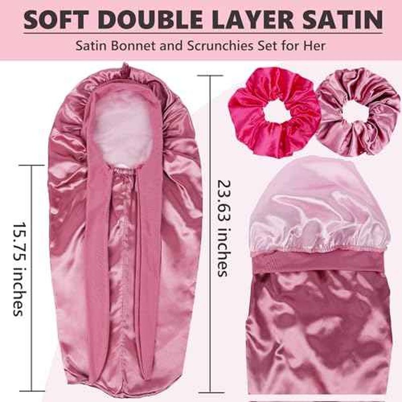 Long Kids Bonnets for Girls,Double Layer Satin Bonnet for Sleeping Kid,Bonnet for Girl Braids Long Hair Rose Gold