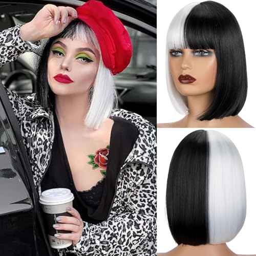 MYQUEEN Black and White Bob Wig With Bangs Cruella Deville Costume for Women Girl Kids 12 Inch Short Straight Bob Bangs Wig for Daily Party Holloween Use