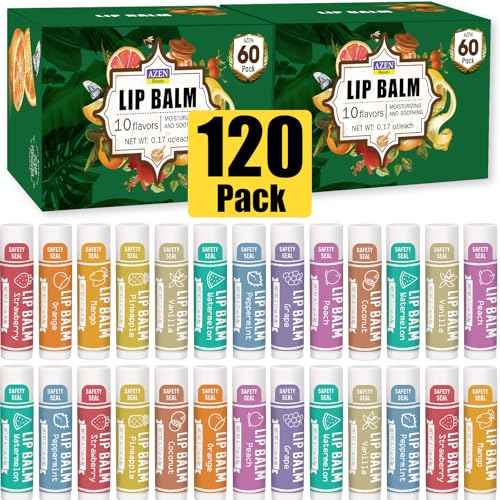 AZEN 120 Pack Lip Balm, Natural Lip Balm Bulk, Lip Care Product, Christmas Stocking Stuffers, Christmas Gifts for Women Girls - 10 Flavors