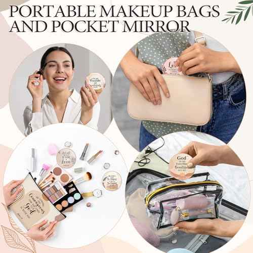 Geelin 24 Pcs Christian Gifts Bulk for Women 12 Religious Canvas Makeup Bags 12 Boho Bible Verse Compact Mirrors Inspirational Church Party Gifts for Women Mother Sister