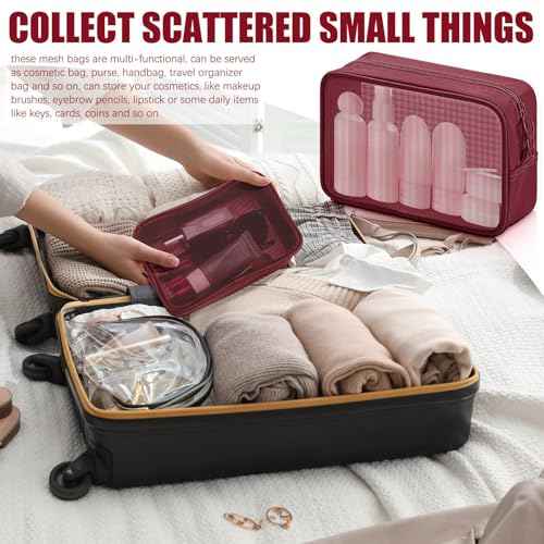 Weewooday 4 Pcs Mesh Makeup Bag Mesh Cosmetic Bag Travel Toiletry Pouch with Zipper Mini Makeup Cosmetic Purse for Daily Accessory(Small, Large, Medium,Wine Red)