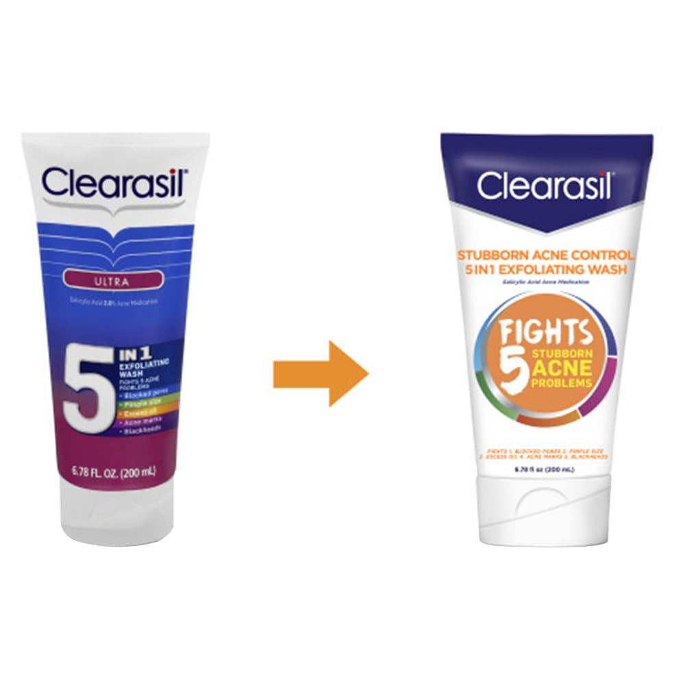 Clearasil Stubborn Acne Control 5in1 Exfoliating Wash 6.78 fl. oz., Reduces Blocked Pores, Pimple S (Pack of 5),6.78 Fl Oz (Pack of 5)