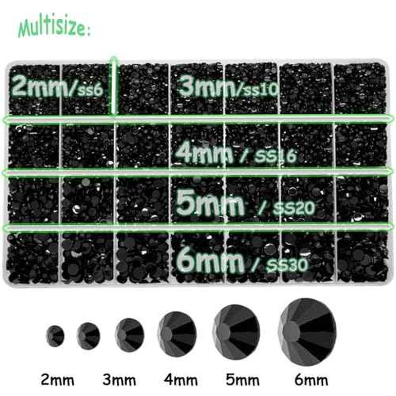 22000pcs Black Rhinestones for Bedazzling Kit, 2mm 3mm 4mm 5mm 6mm Flatback Black Gems Bedazzling for Crafting, Non-Hotfix SS8-SS30 Gems Bedazzler with B7000 for DIY Nails Decoration
