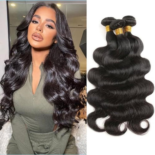 Body Wave Bundles Human Hair 16 18 20 Inch Human Hair 3 Bundles 100% Unprocessed Brazilian Raw Weave Bundle Human Hair Extensions for Black Women Natural Color