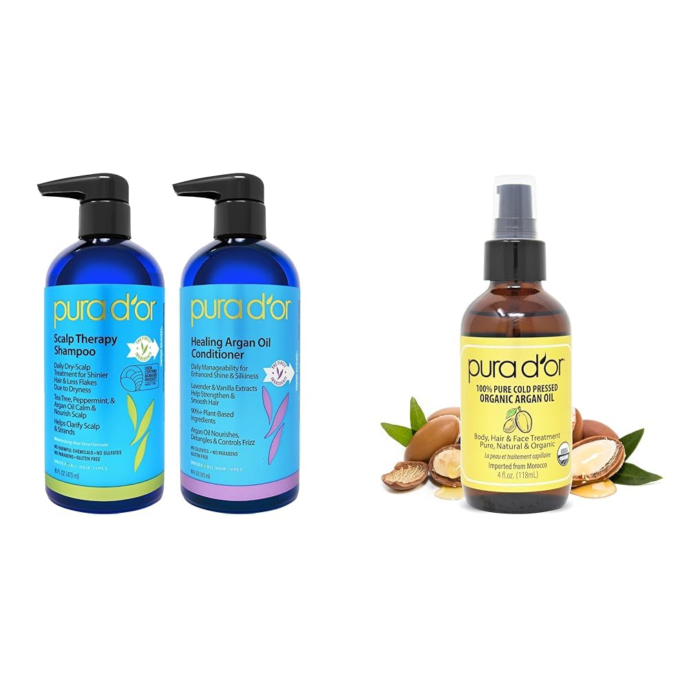 PURA D'OR Scalp Therapy Shampoo & Conditioner Set - 16 fl oz Each | Organic Argan Oil for Dry Scalp & Damaged Hair