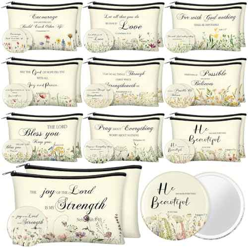 Abbylike 40 Pcs Christian Gift for Women Include 20 Bible Verse Makeup Bags 20 Christian Compact Mirrors Inspirational Religious Scripture Gift for Mom Sister Birthday Christmas(Elegant Style)