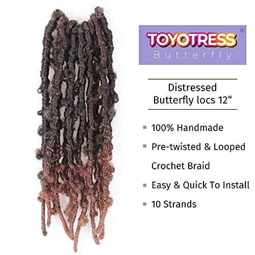 Toyotress Butterfly Locs Crochet Hair - 12 inch 6 Pcs Ombre Brown Pre-twisted Distressed Crochet Braids, Short Bob Faux Locs Pre-looped Synthetic Braiding Hair Extensions (12 Inch, T30-6P)