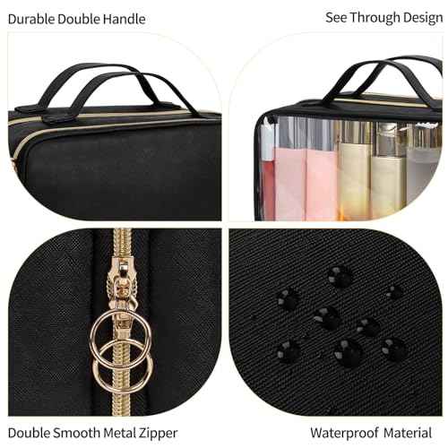 OCHEAL Travel Toiletry Bag, Double Layer Clear Makeup Bag Organizer Large Capacity Cosmetic Bag for Traveling Women Beauty Essentials, Multiple Compartments Makeup Case- Black