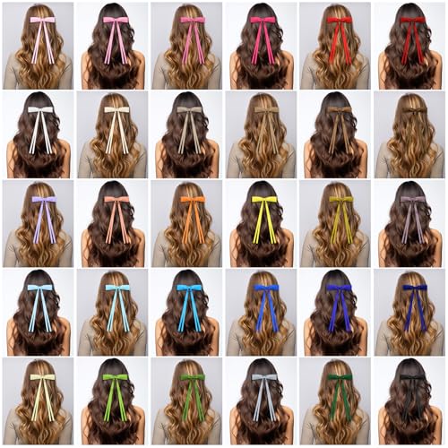 Mimorou 60 Pcs Hair Bow for Girls Women Bulk Silky Satin Ribbon Hair Bows Tassel Bowknot Clips Barrettes with Long Tail, 30 Colors