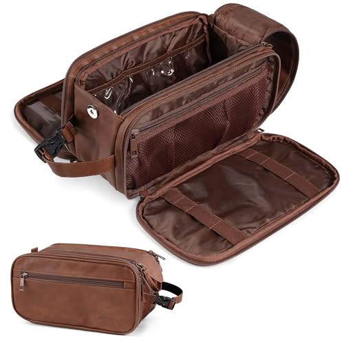 PAVILIA Toiletry Bag for Men Women, Mens Travel Bag Toiletries Organizer Case for Grooming, Travel Essentials Shaving Dopp Kit, PU Leather Water Resistant Cosmetic Pouch, Brown