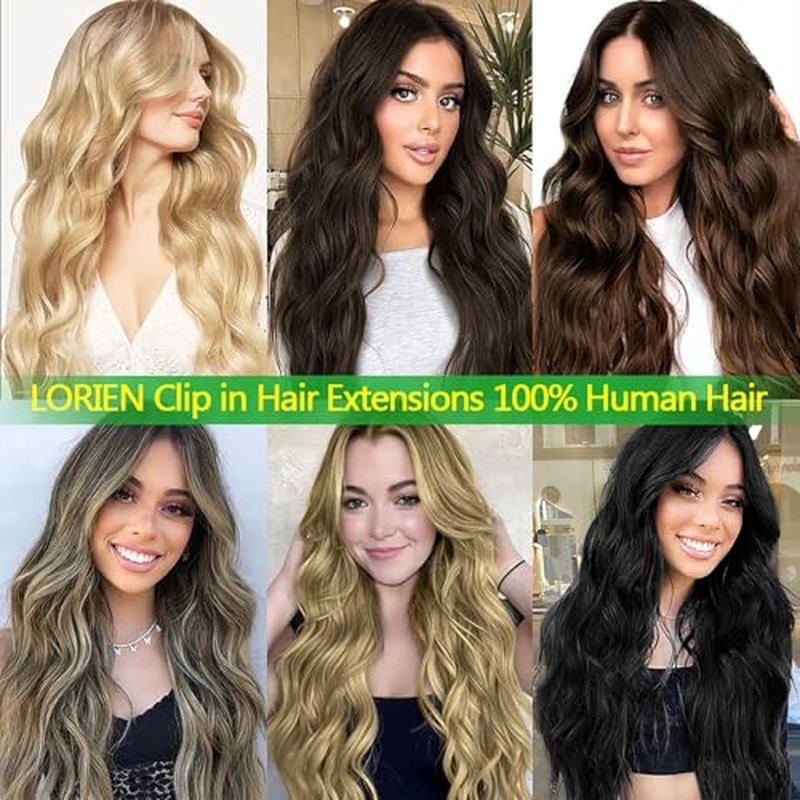LORIEN Clip in Hair Extensions Real Human Hair, 14 Inch 80g, 4/27 Chocolate Brown to Caramel Blonde Color, Clip in 100% Brazilian Remy Human Hair Extensions 8pcs Per Set with 18 Clips Double Weft