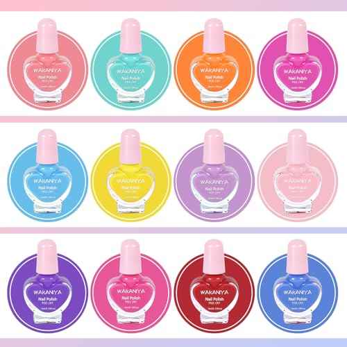 Kids Nail Polish 12 Colors Girls Nail Kit with Glitter Stickers and PVC Organizer Bag Non Toxic, Quick Dry Peel Off Safe Nail Polish