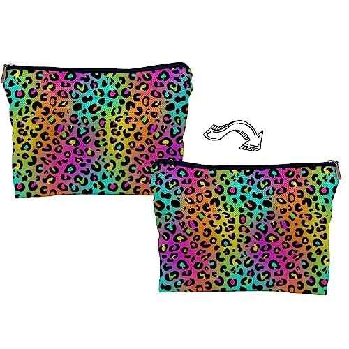 Colorful Neon Leopard Print Rainbow Makeup Bag Cosmetic Bag Zipper Pouch Toiletry Bags,Leopard Print Gifts for Women Teen Girls