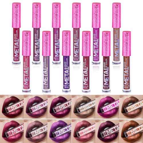 PhantomSky 12PCS Long Lasting Metallic Glitter Liquid Lipstick Collection, Shimmer Waterproof Lip Stick Set Pigmented Lip Makeup for Women and Girls