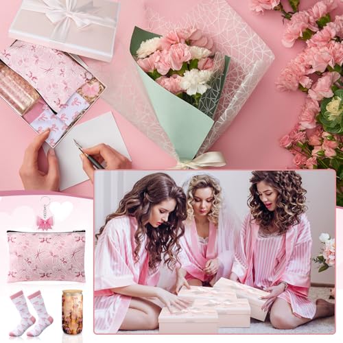 Boao 5 Pcs Pink Bow Gift Set with Glass Cup, Socks, Cosmetic Bag Keychain Coquette Stuff Thank You Gift Box for Girls Women