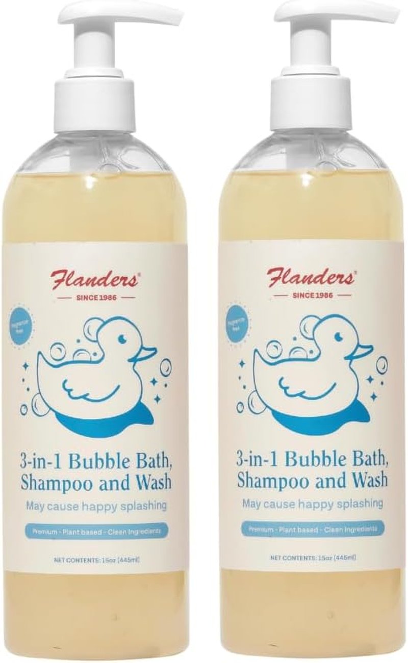 Flanders Baby Bubble Bath - Tear-Free 3-in-1 Shampoo & Body Wash | Hypoallergenic Cleanser with Jojoba, Coconut & Argan Oil | 15oz Pump Bottles, 2 Pack (30oz Total)
