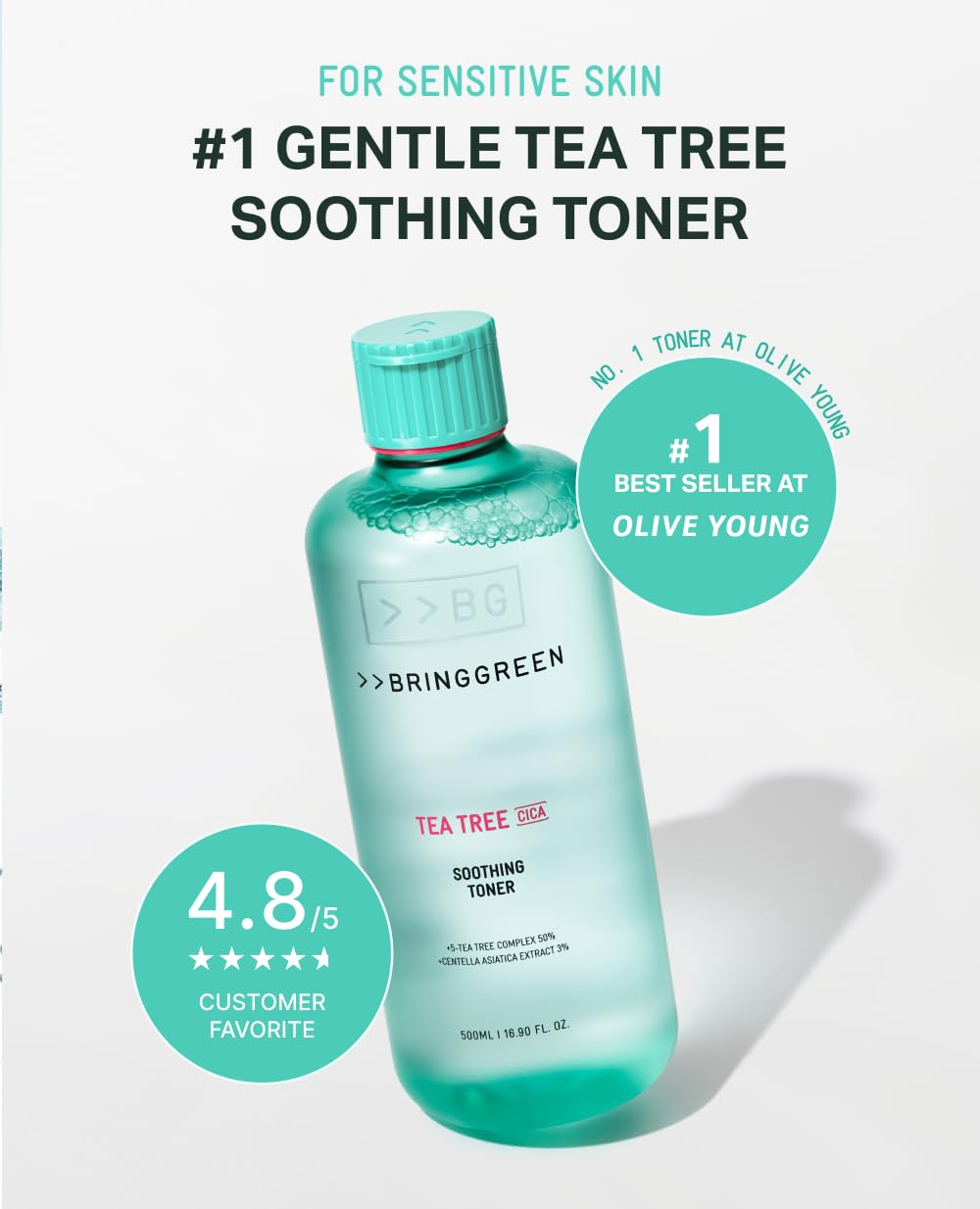 BRING GREEN Tea Tree CICA Soothing Toner | Mild Daily Skincare Routine for Cooling and Hydrating Effect (8.5 Fl. Oz., 250ml)