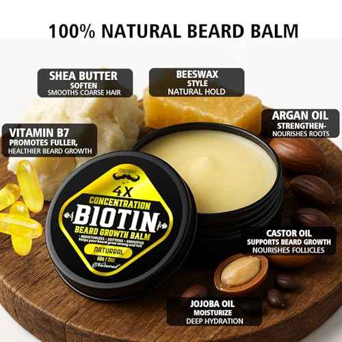 Biotin Beard Growth Balm for Men ? Conditioning & Thickening Balm with Castor, Shea & Jojoba Oils ? Non-Greasy, Softens & Nourishes for Fuller, Thicker Facial Hair ? Unscented ? 2 oz