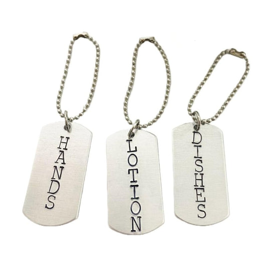 Hand & Dish Soap Bottle Labels Dispenser Set of 2 or 3 (Optional "Lotion" add-on) | Hand-Stamped Hanging Tags for Kitchen Organization | Housewarming Gift (3 Piece Hand & Dish Soap & Lotion)