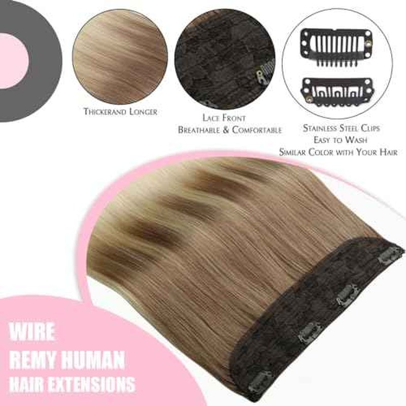SURNEL Wire Hair Extensions Real Human Hair, 22inch 80g Ash Brown to Platinum Blonde Invisible Wire Hair Extensions(22,8T60)