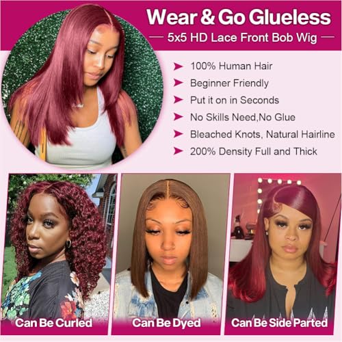 Wear and Go Glueless Bob Wig Human Hair 200% Density 5x5 HD Lace Closure Wigs For Black Women Glueless 5x5 Closure Wigs Human Hair Pre Plucked Bob Burgundy Color 14 Inch