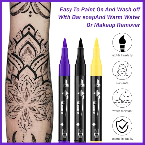 Ponhey Temporary Tattoo Markers for Skin, 36 Body Markers+67 Large Tattoo Stencils,Dual-End Tattoo Pens,Fine Lines with Cosmetic-Grade,Flexible, Skin-Safe Face Paint Kit for Kids Teenage Adults