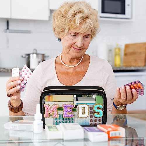 Geetery Chenille Letter Bag Nylon Portable Makeup Cases Preppy Patch with Zipper Cosmetic Toiletry Storage Bag for Women(Black,Original MEDS)