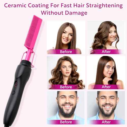 Hair Straightener, Electric Hot Comb Hair Straightener Brush with Ceramic Heater Surface, Fast Heating, Dual Voltage, Adjustable Temperature for Natural Black, Curly, Frizzy Hair & Beard