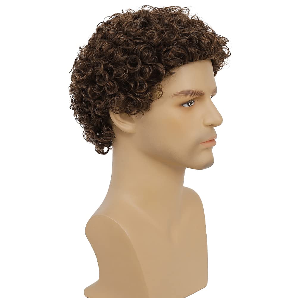 Tseses Mens Brown Curly Wigs Short Afro Rocker Wig Synthetic Daily Cosplay Party Costume Hair Wigs for Male Guys