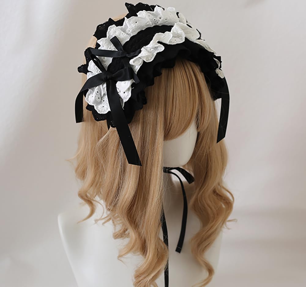 TTYAO REII Lolita Accessories Gothic Lolita Headband Hair Accessories Bow Maid Headdress for Cosplay Party (Black and White)
