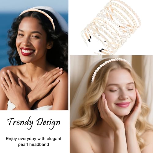 AMCAMI 10Pcs Pearl Headbands For Women,White Pearl Headpiece,Elegant Bridal Headband For Wedding, Party & Daily Wear