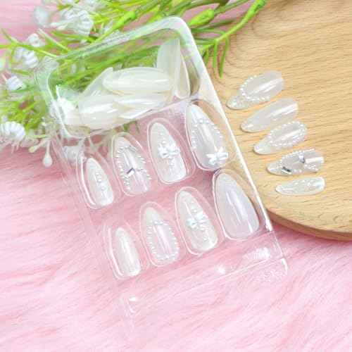 Medium Press on Nails Almond Fake Nails with 3D Bow Pearl Designs White False Nails Full Cover Acrylic Nails for Women 24Pcs